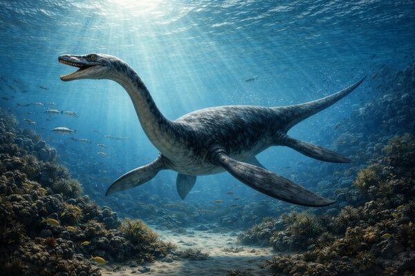 A reconstruction of a swimming Plesiosaur.